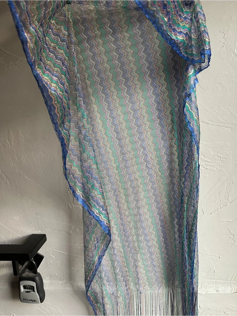 Metallic Mesh Knit Fringe Shawl Teal Blue Boho Festival Y2K Scarf 74x34